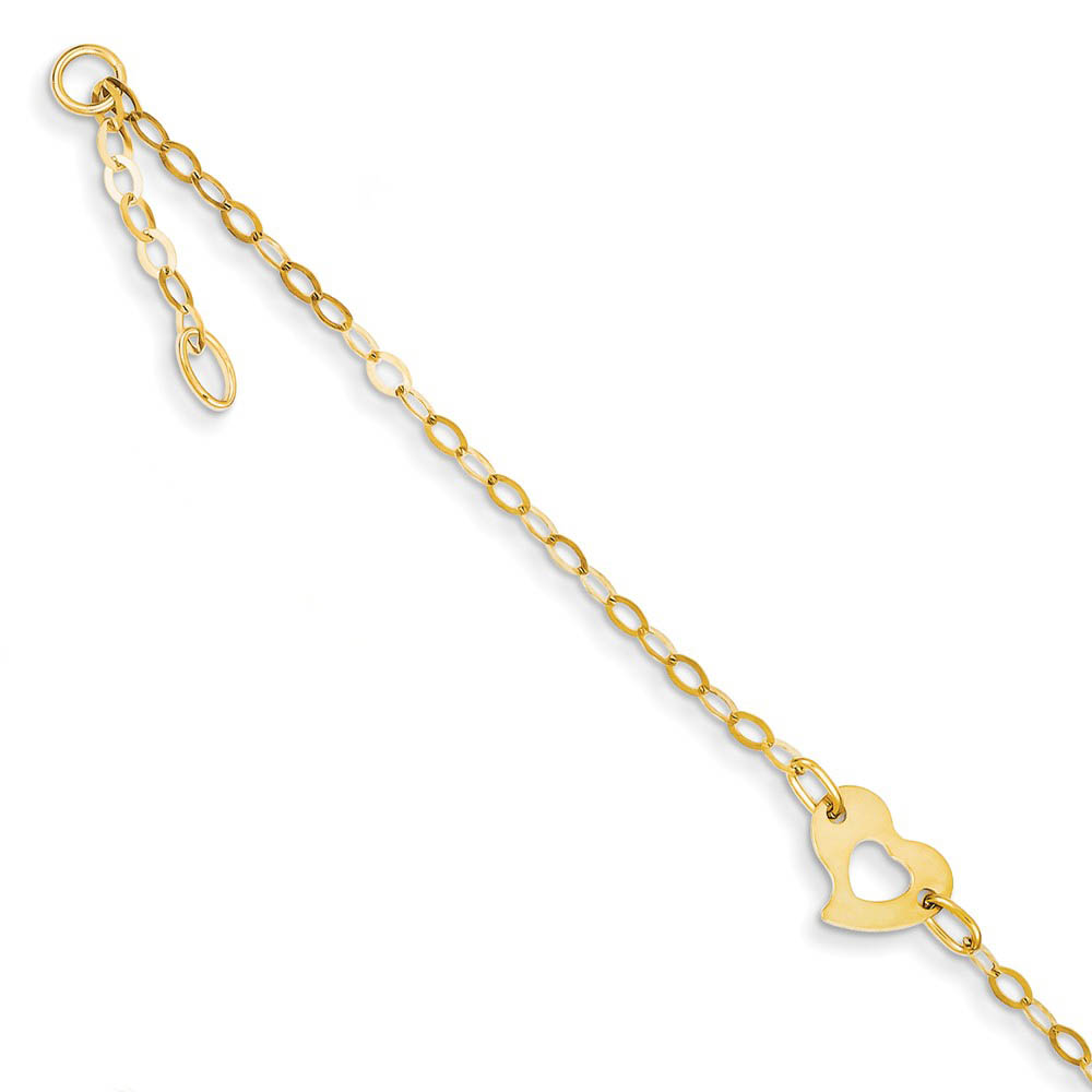 14k Yellow Gold Polished Heart Anklet, 10 Inch