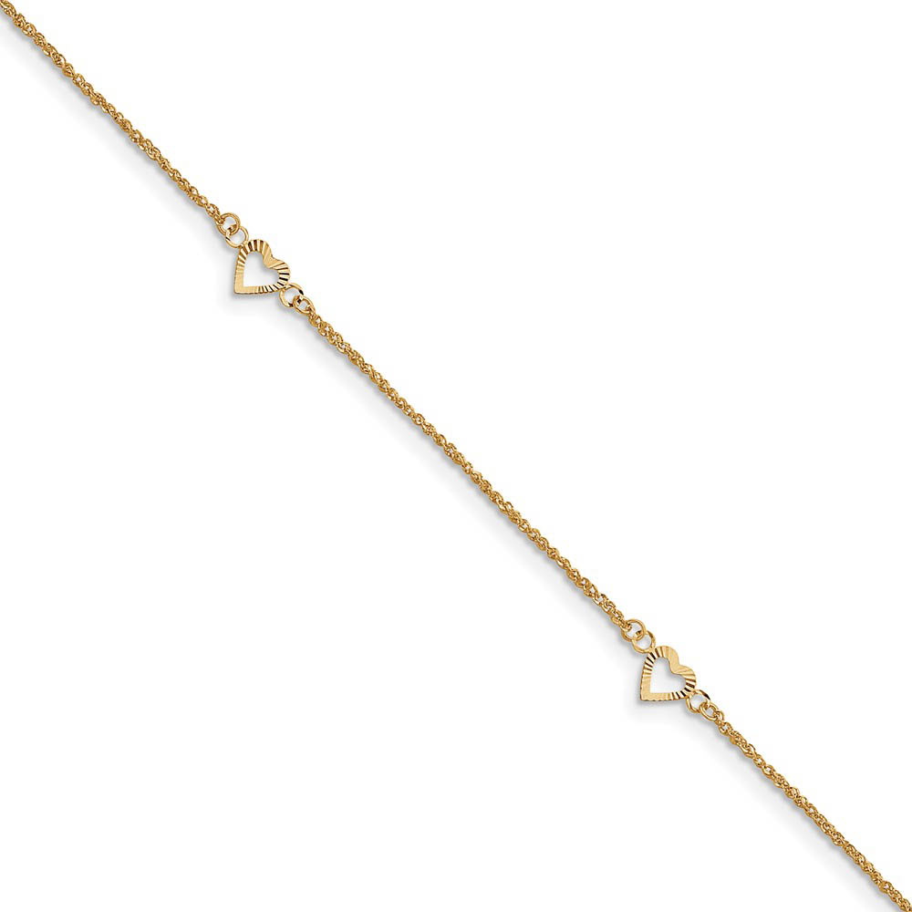 14k Yellow Gold Diamond-cut Hearts Anklet, Inch