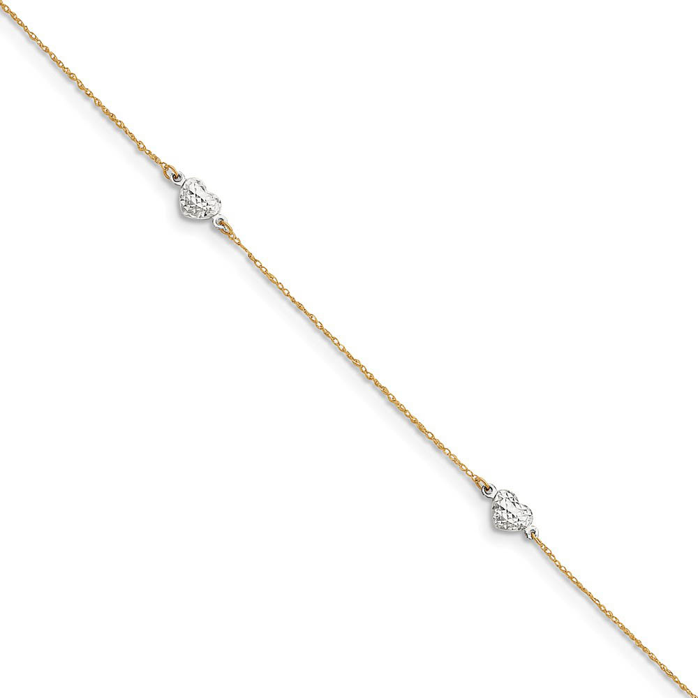 14k Two-tone Gold Puff Heart Anklet, 9-10 Inch