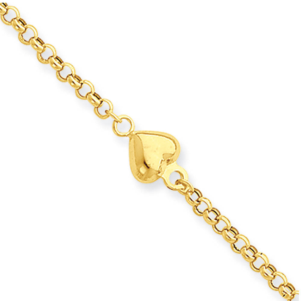 14k Yellow Gold Puff Heart Anklet, Inch