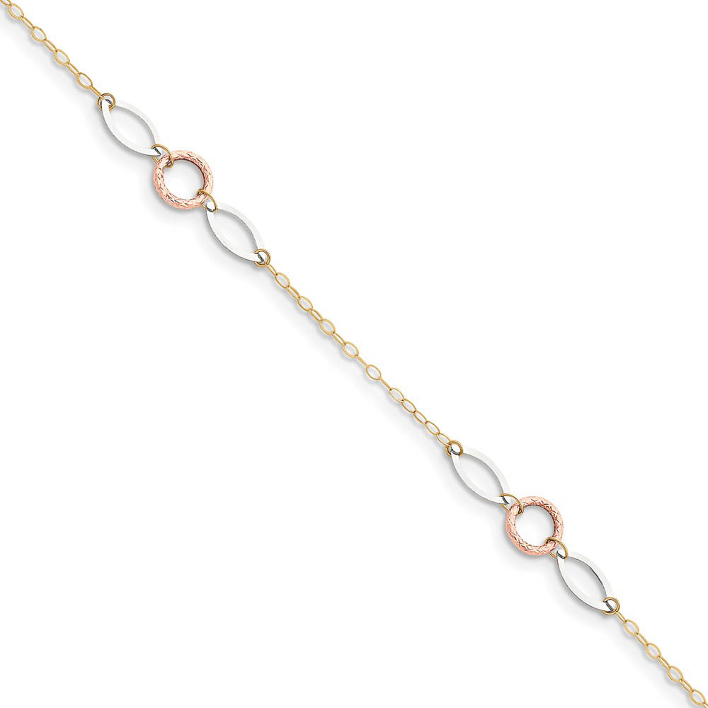 14k Tri-Color Gold Circle and Oval Anklet, Inch