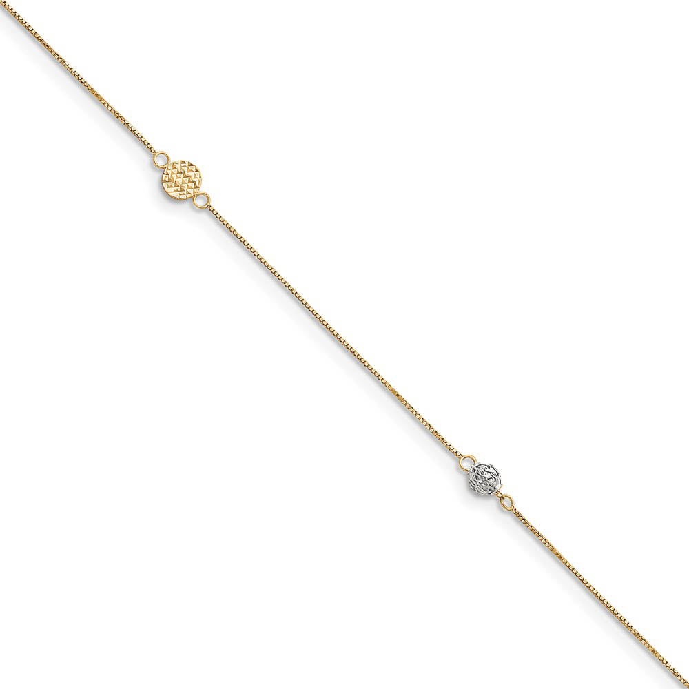 14k Two-Tone Gold 0.5mm Box Chain, Disc and Circle Anklet