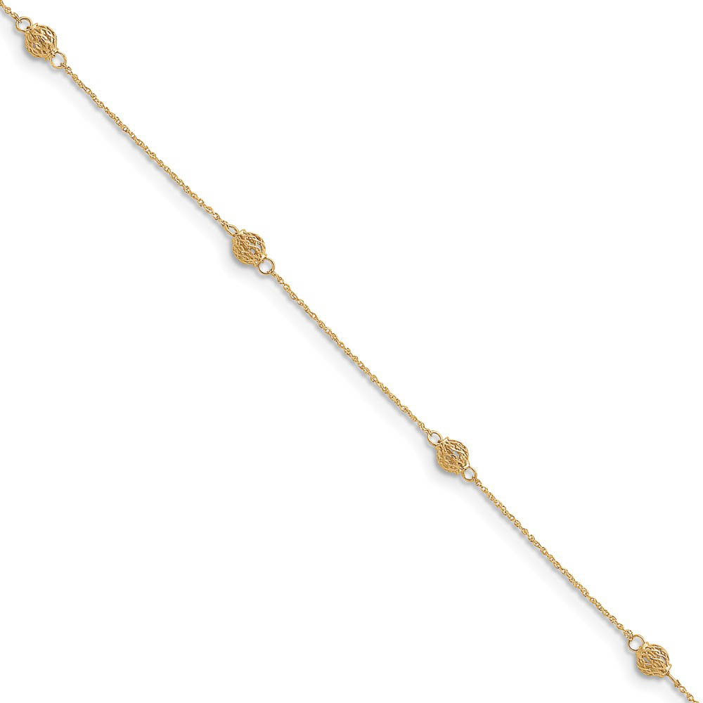 14k Yellow Gold Diamond Cut Anklet with Caged Beads