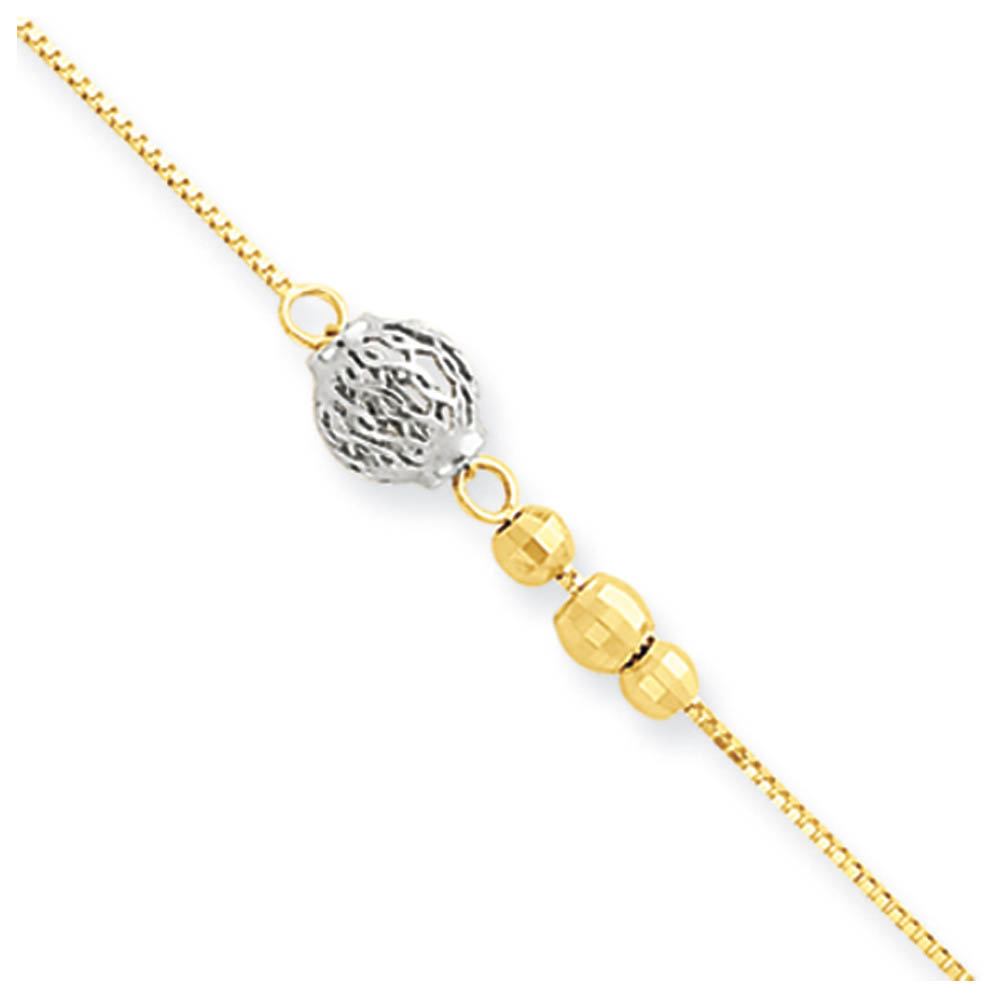 14k Two-tone Gold 0.5mm Box Chain And Bead Anklet, Inch