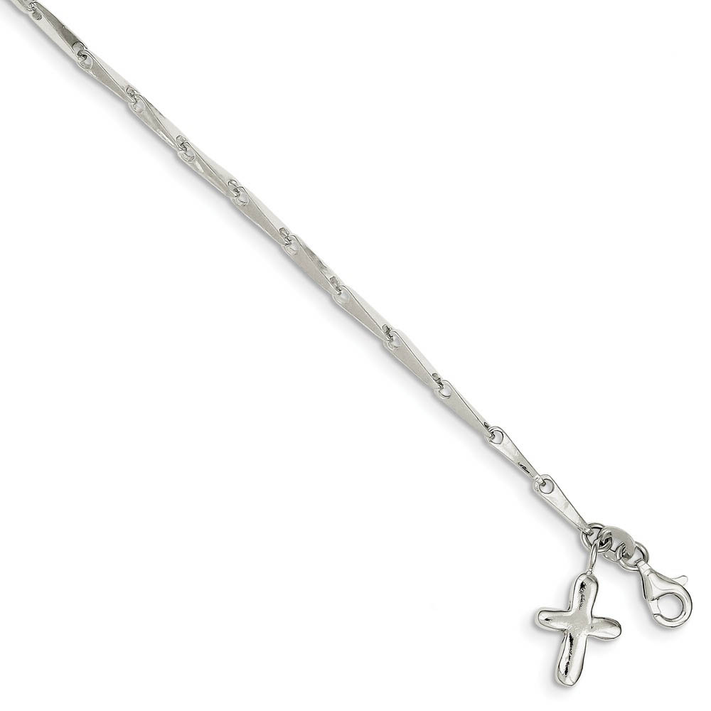 Sterling Silver Solid Cross and 3mm Fancy Bar Link Anklet, 10 Inch