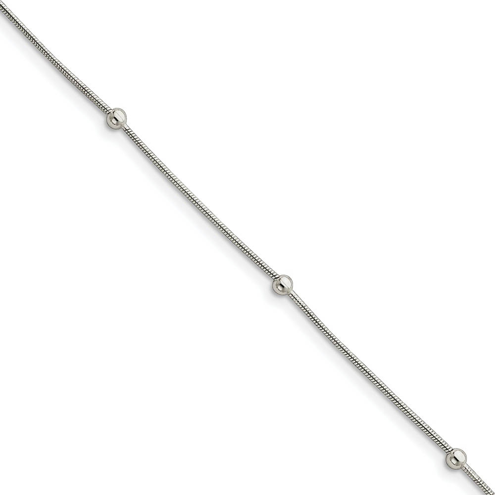Sterling Silver 1.5mm Snake And 3mm Bead Anklet, Inch