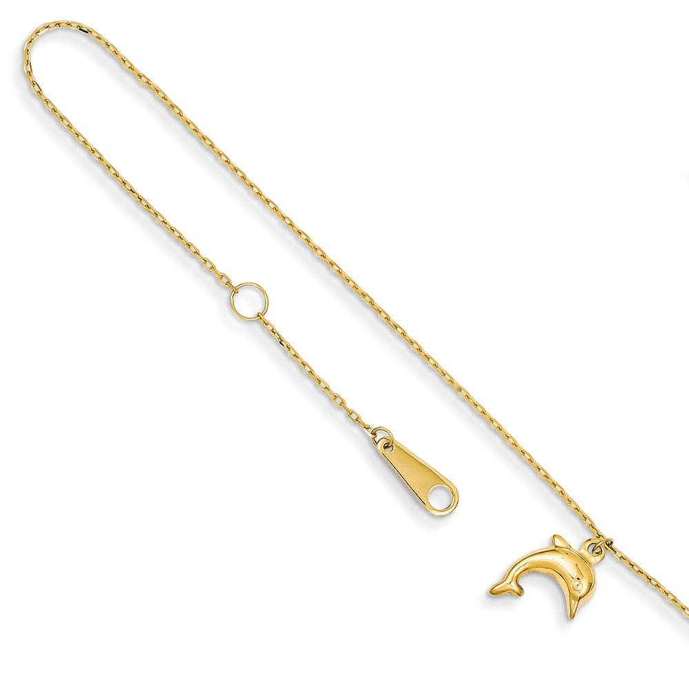 14k Yellow Gold 1mm Cable Chain And Dolphin Charm Anklet, Inch