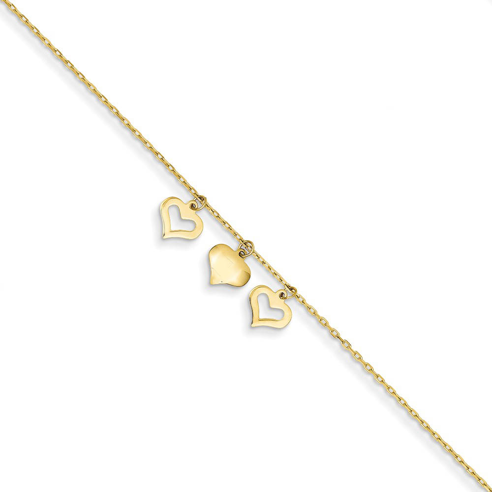 14k Yellow Gold 1mm Cable Chain And Triple Heart Charm Anklet