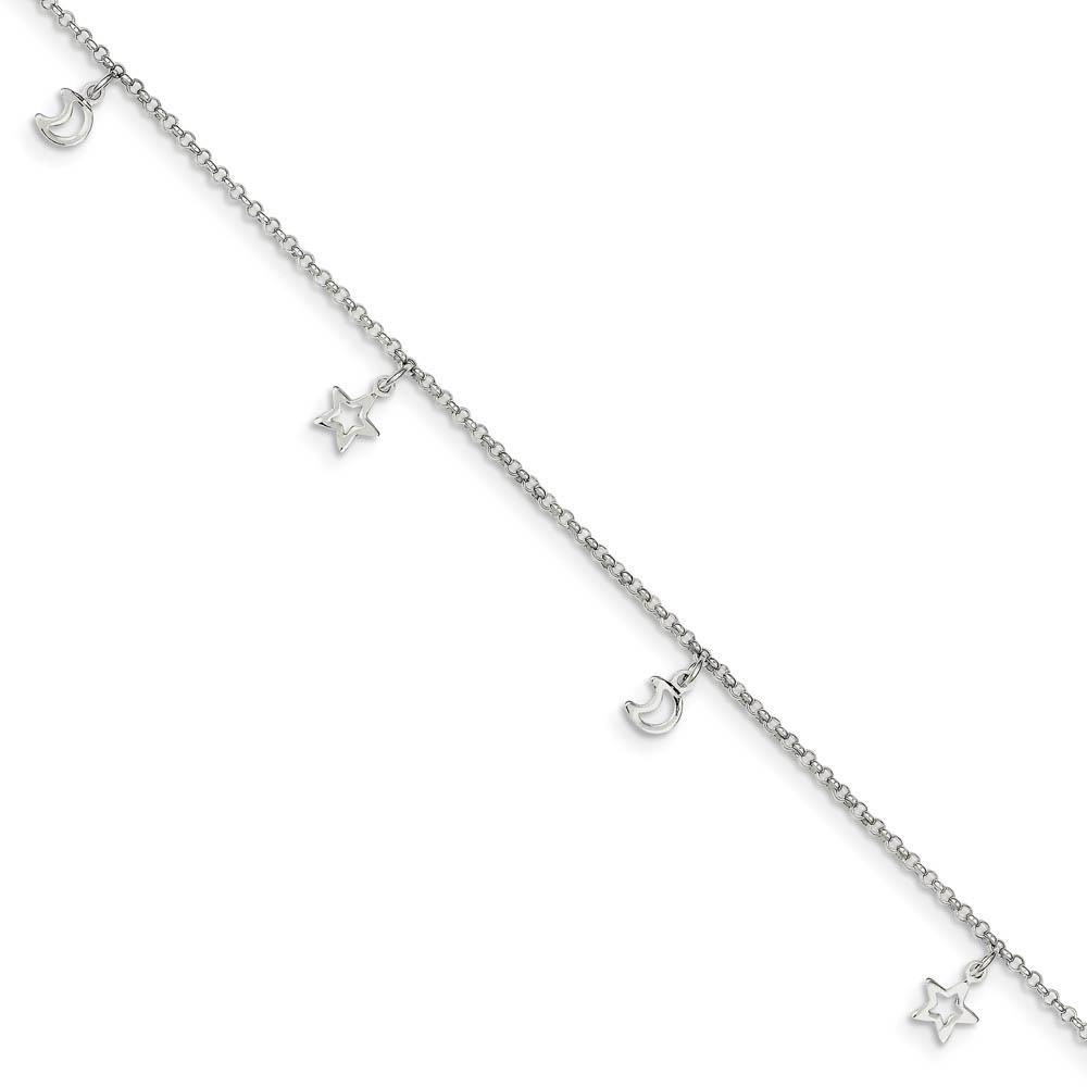 Sterling Silver 2mm Cable Chain Moon and Stars Charm Anklet, Inch