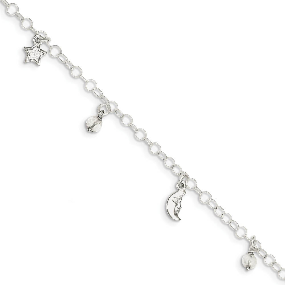 Sterling Silver 4mm Cable And Crystal Celestial Charm Anklet
