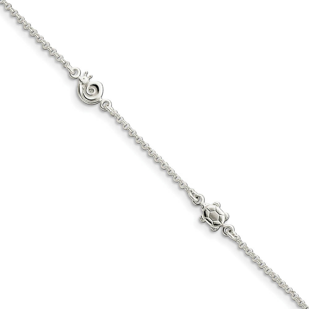 Sterling Silver 2mm Cable Chain and Sea Life Station Anklet, Inch