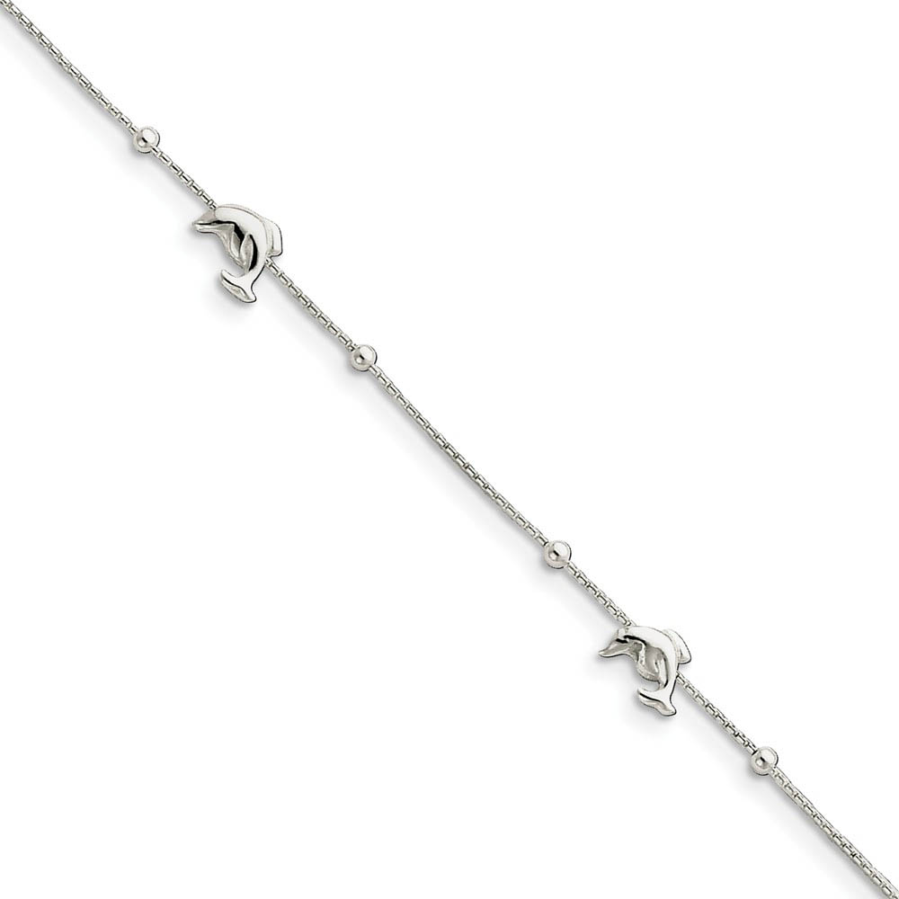 Sterling Silver Bead Round Box Chain And Dolphin Link Anklet
