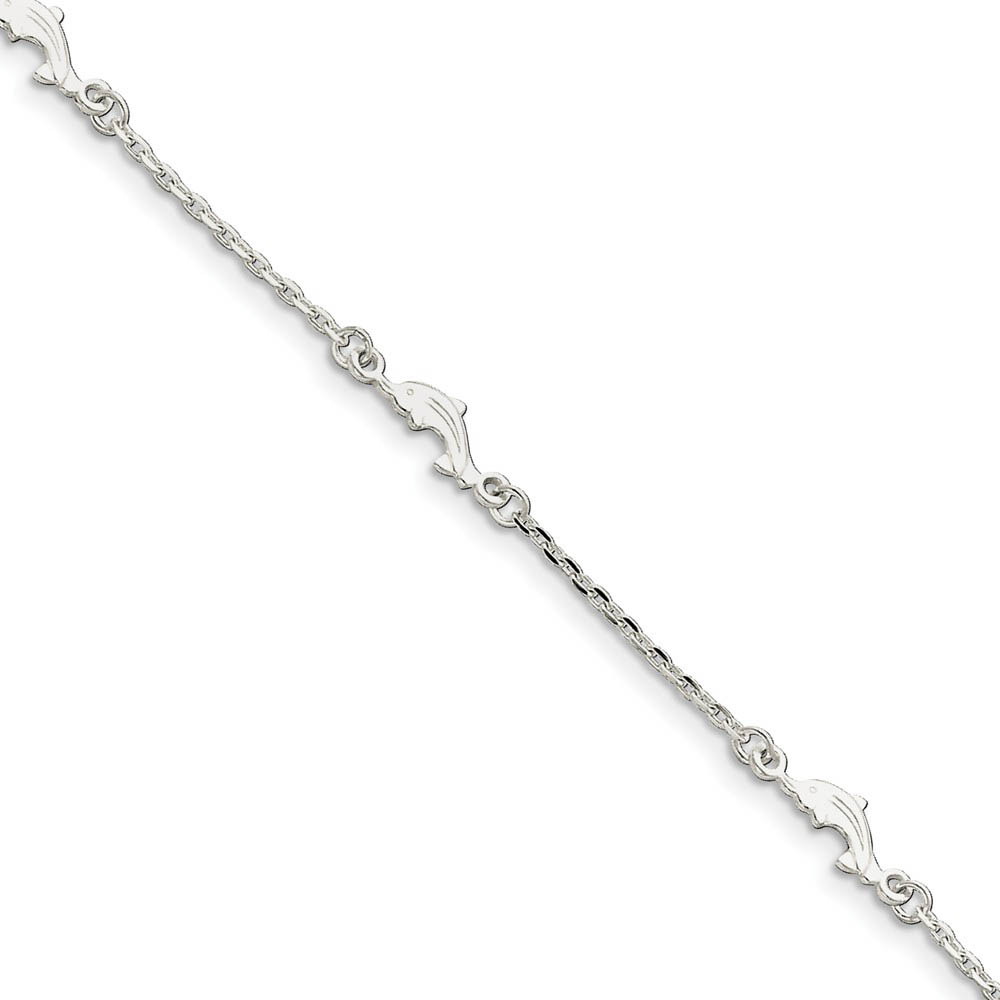 Sterling Silver 1mm Cable And 5mm Dolphin Station Link Anklet