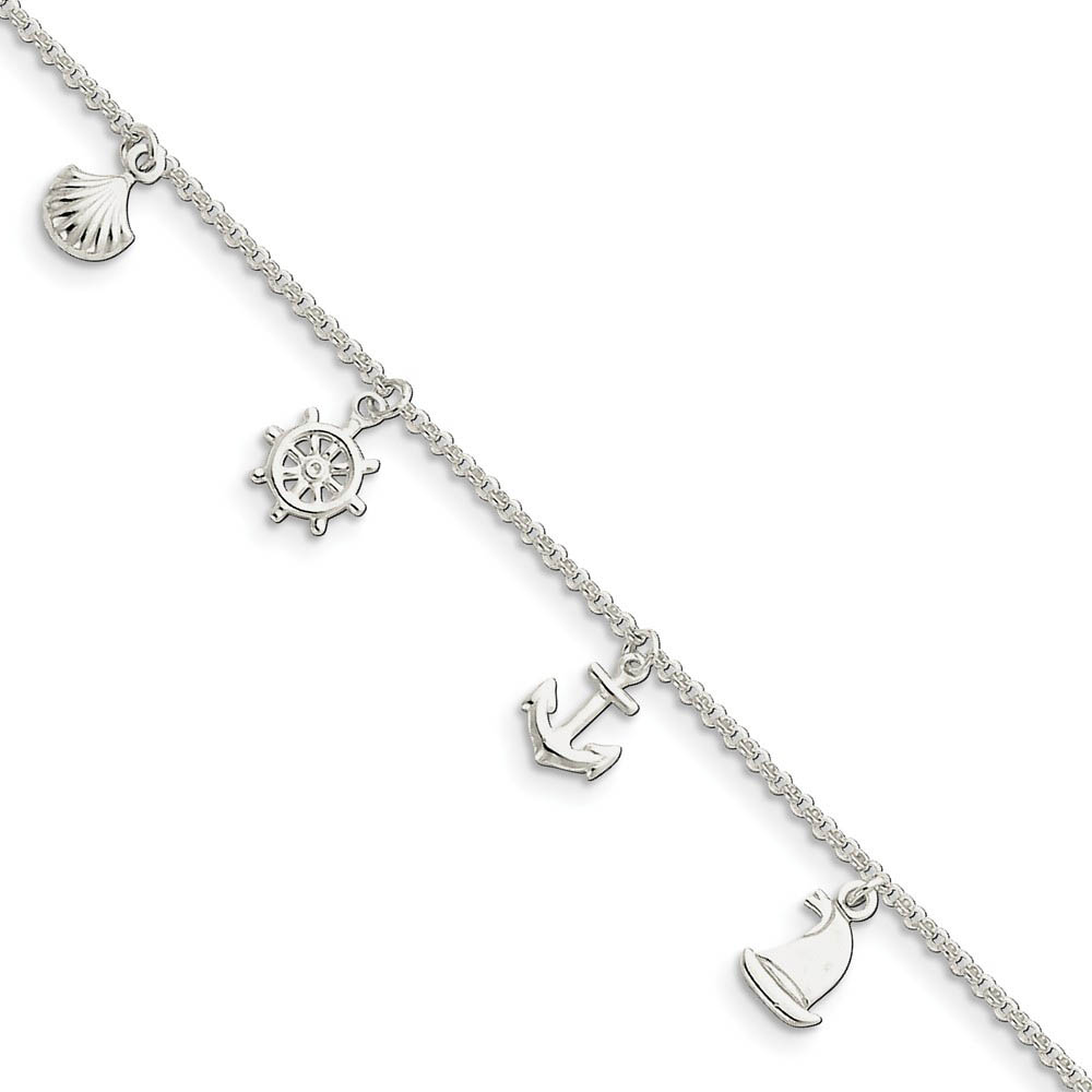 Sterling Silver 2mm Rolo Chain And Nautical Charm Anklet, Inch