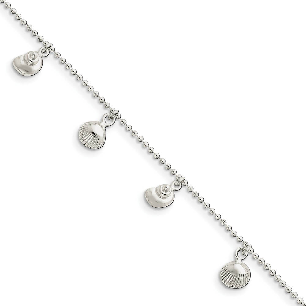 Sterling Silver 1.5mm Bead Chain And Sea Shell Charm Anklet, Inch