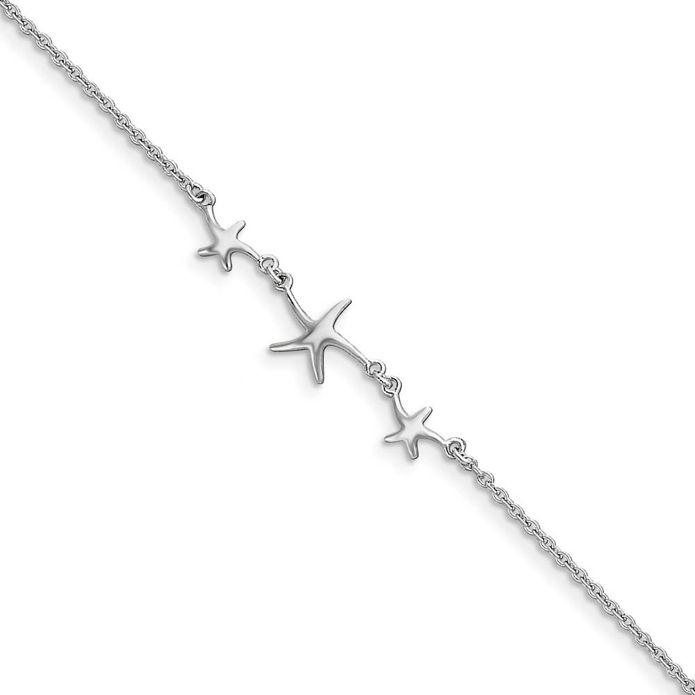 Rhodium-Plated Sterling Silver Three Sea Stars Anklet, Inch