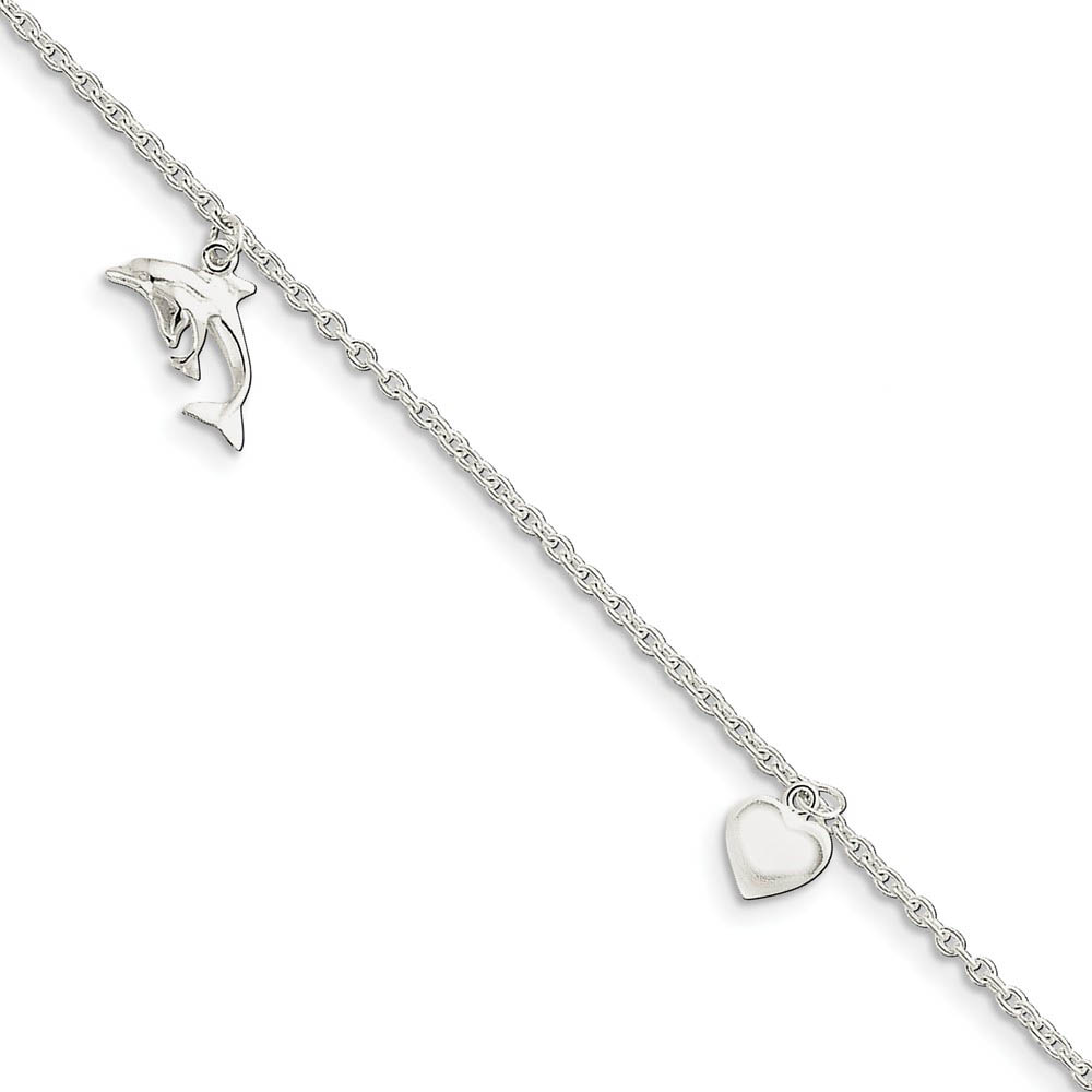 Sterling Silver 2mm Cable Chain, Dolphin Heart Star Anklet