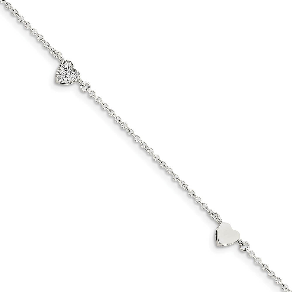 Sterling Silver Polished and CZ Heart Station Anklet, Inch