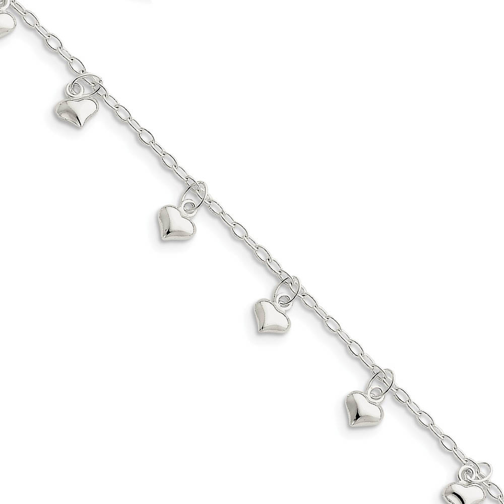 Sterling Silver 2mm Cable Chain And 6mm Puffed Hearts Anklet