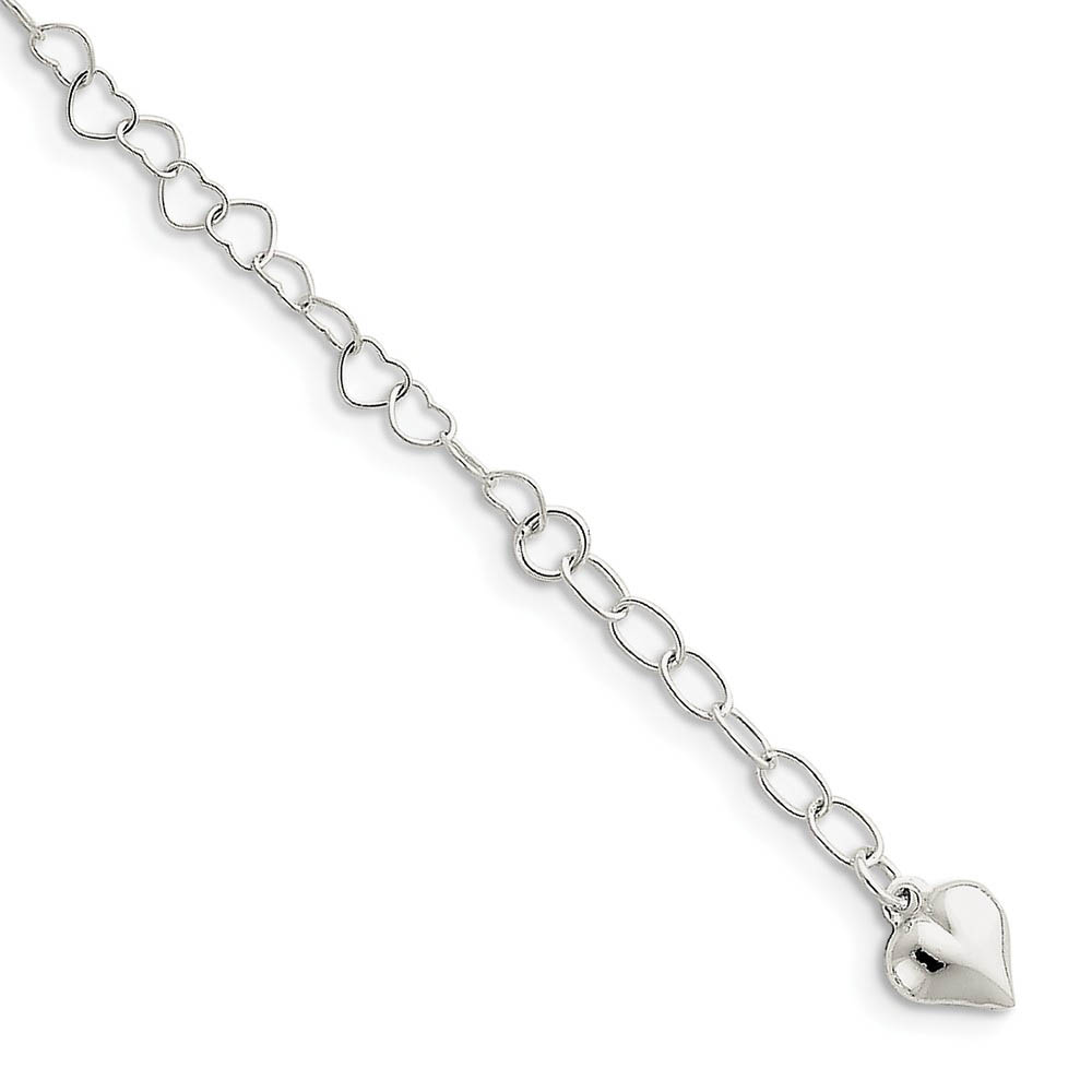 Sterling Silver 4mm Heart Link And Dangling 8mm Heart Anklet