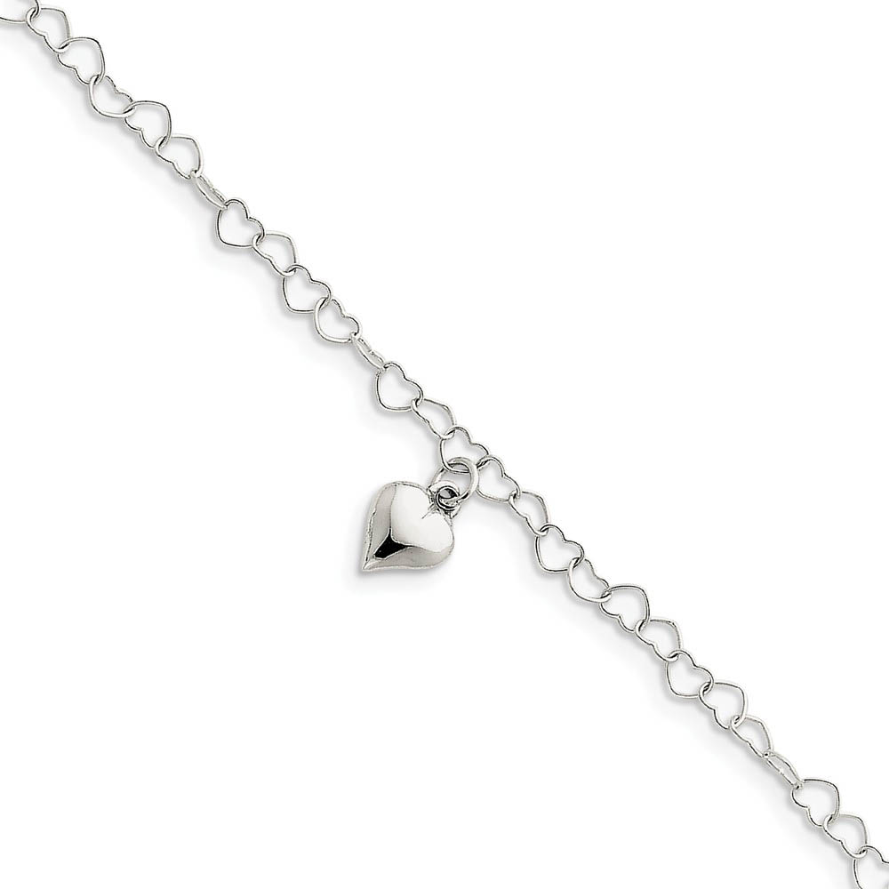 Sterling Silver 5mm Heart Link And Dangling 8mm Heart Anklet