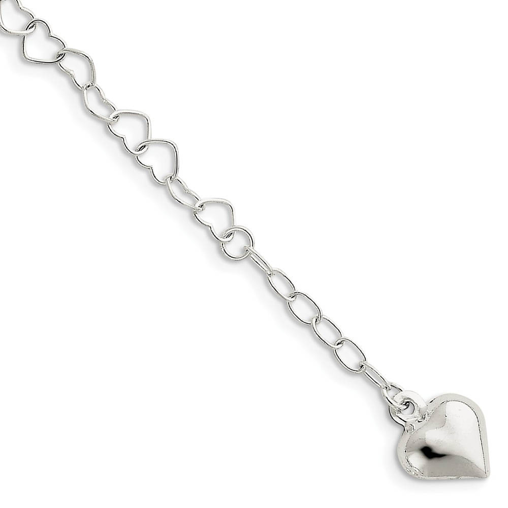 Sterling Silver 5mm Heart Link And Dangling 12mm Heart Anklet
