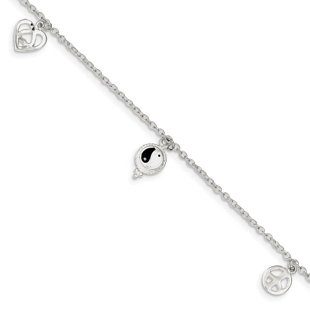 Sterling Silver And Enamel Harmony Charms Anklet, Inch