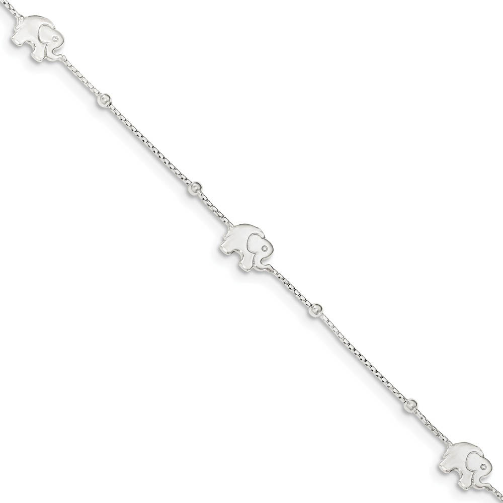 Sterling Silver 1mm Box Chain And Elephant Charm Anklet, Inches