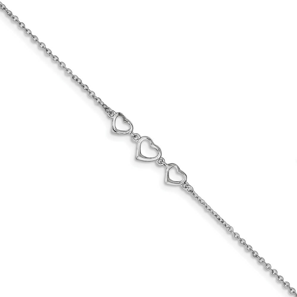 Rhodium-Plated Sterling Silver Triple Heart Anklet, Inch