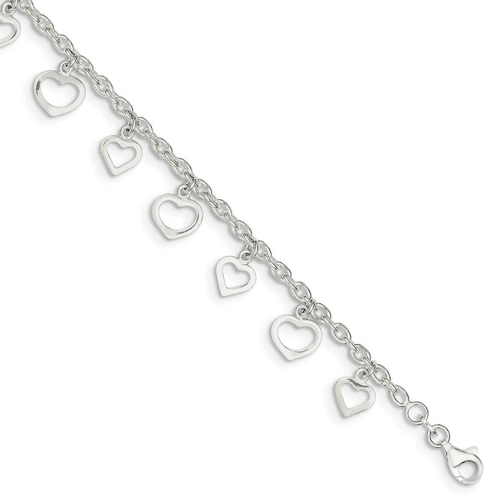 Sterling Silver 2.5mm Cable Chain And Dangling Open Heart Anklet, 9 In