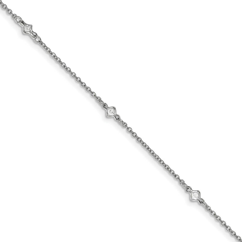 Fancy CZ Station Anklet in Rhodium-Plated Sterling Silver, Inch