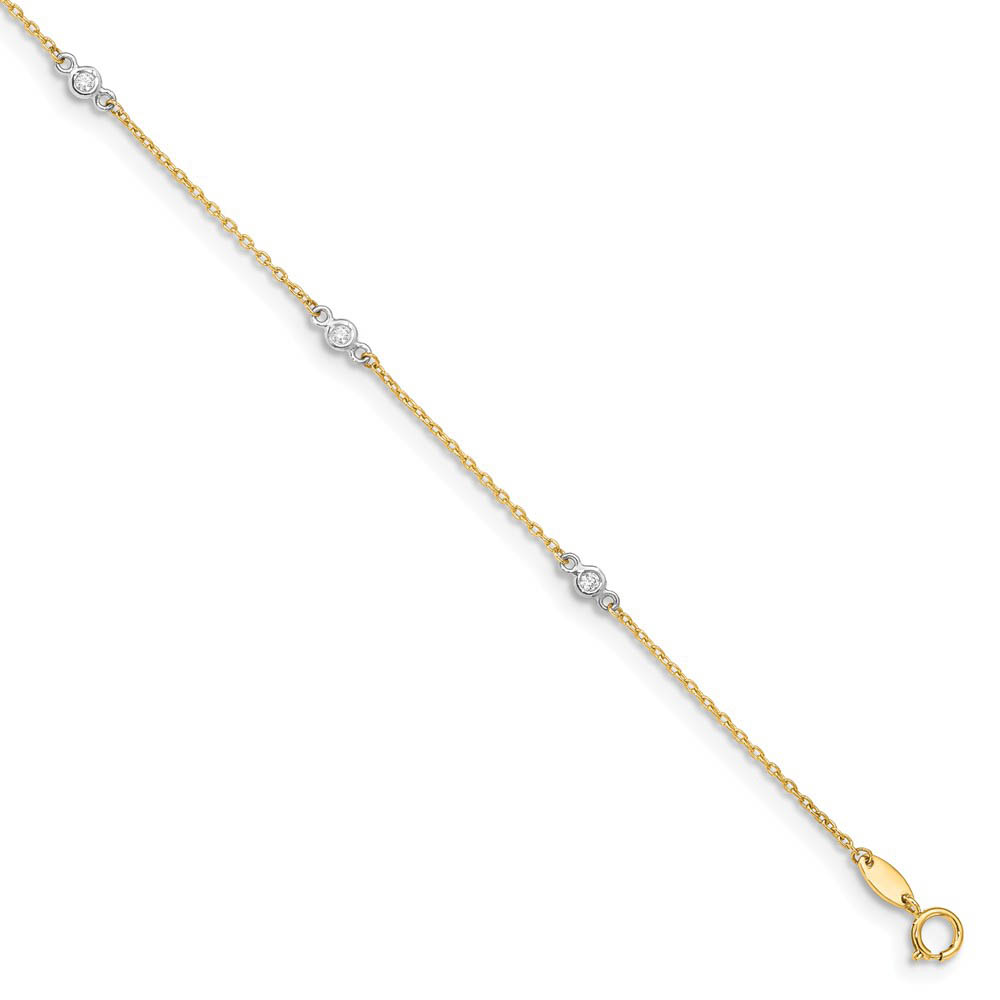 14k Two-Tone Gold and CZ Station Adjustable Anklet, 9 Inch