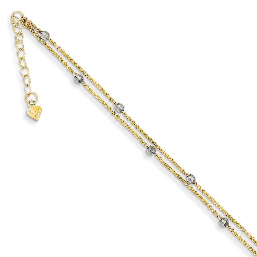 14k Two-Tone Gold 2 Strand Spiga and Mirror Bead Anklet, 9 Inch