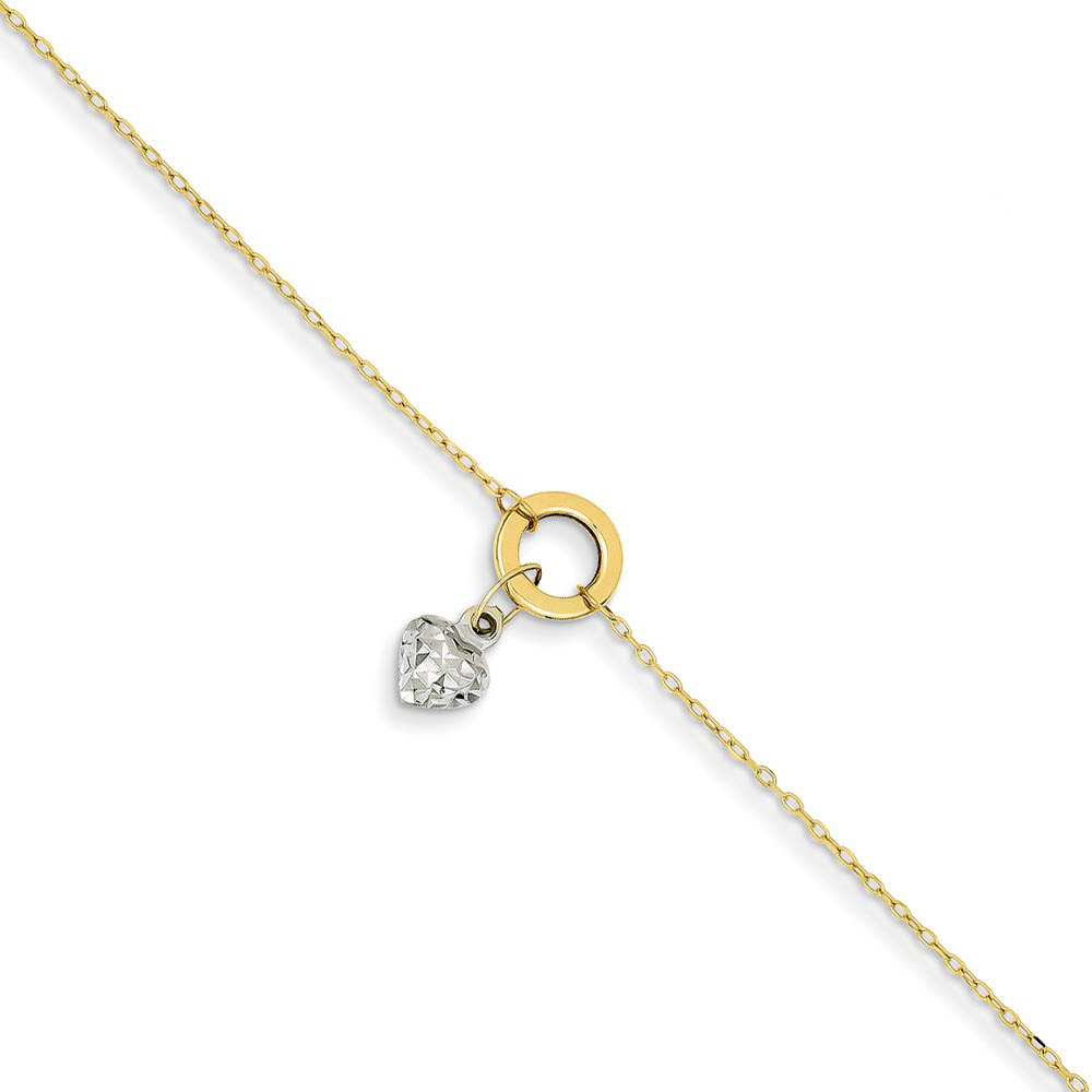 14k Two-Tone Adjustable Gold Circle And Puffed Heart Anklet, 9 Inch