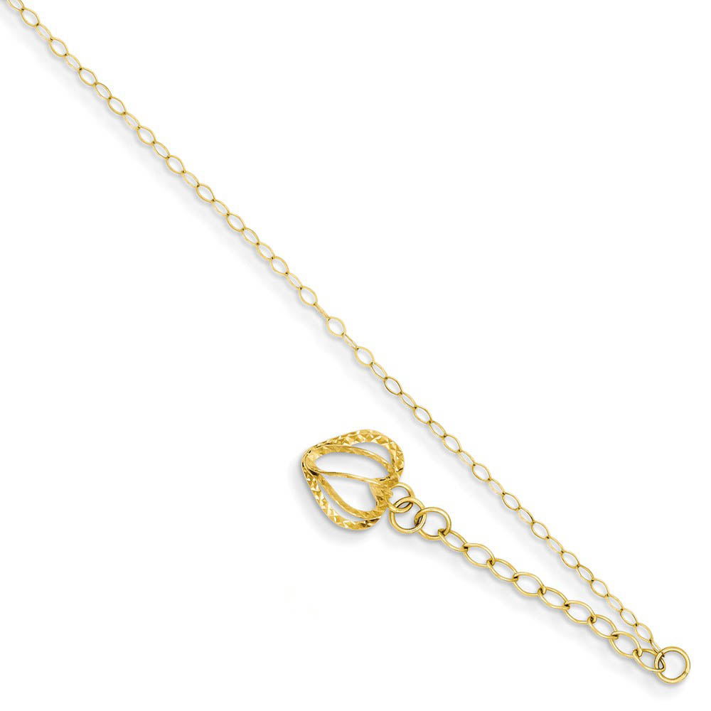 14k Yellow Gold Oval Link Anklet with Open Heart Cage Charm, 9-10 Inch