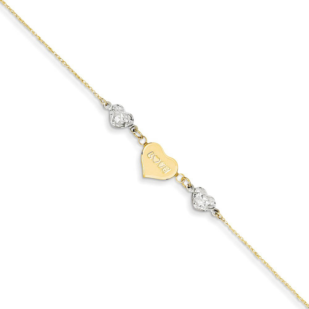 14k Two-Tone Gold Diamond-Cut Puffed and Love Heart Anklet