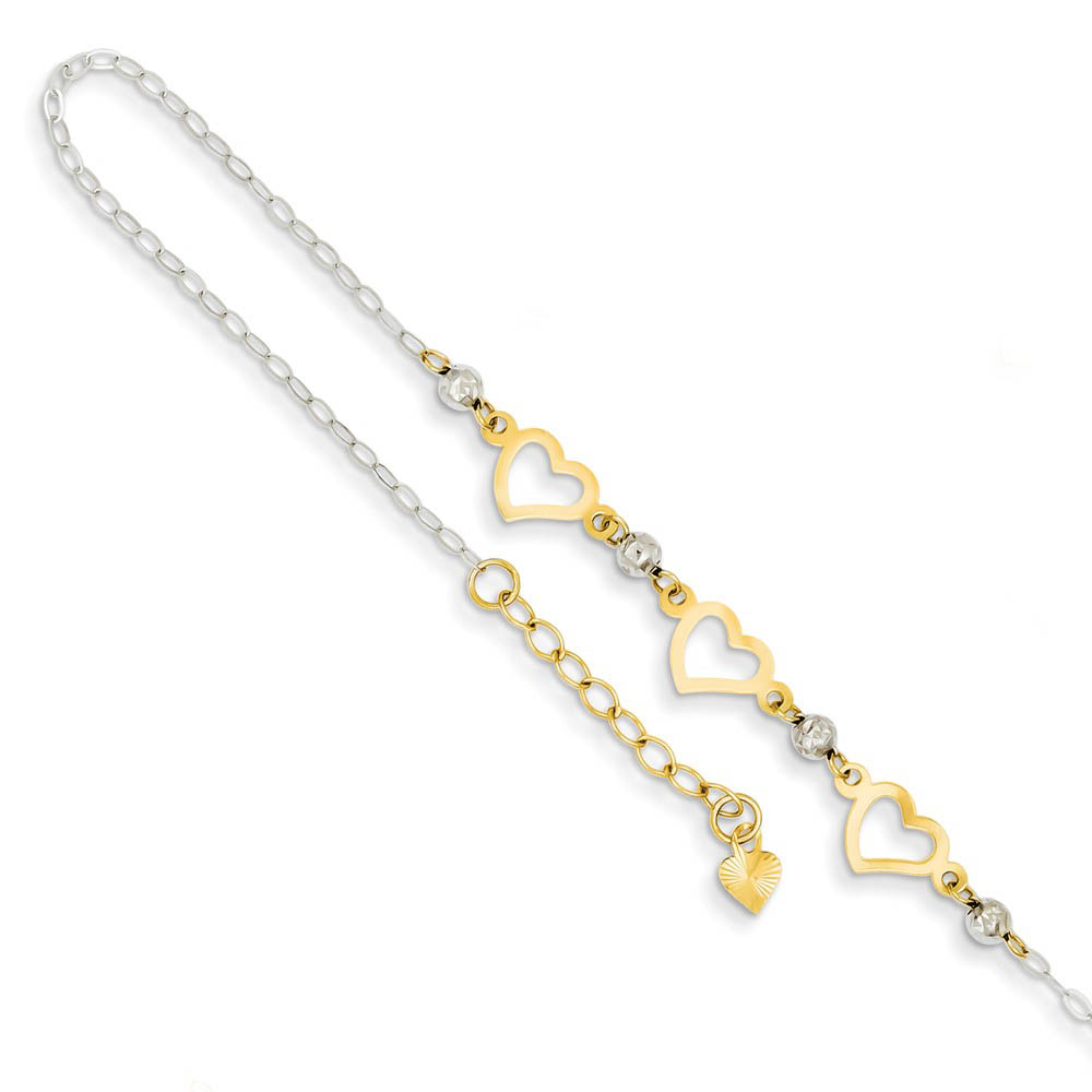 14k Two-Tone Gold Triple Heart and Bead Adjustable Anklet, 9 Inch