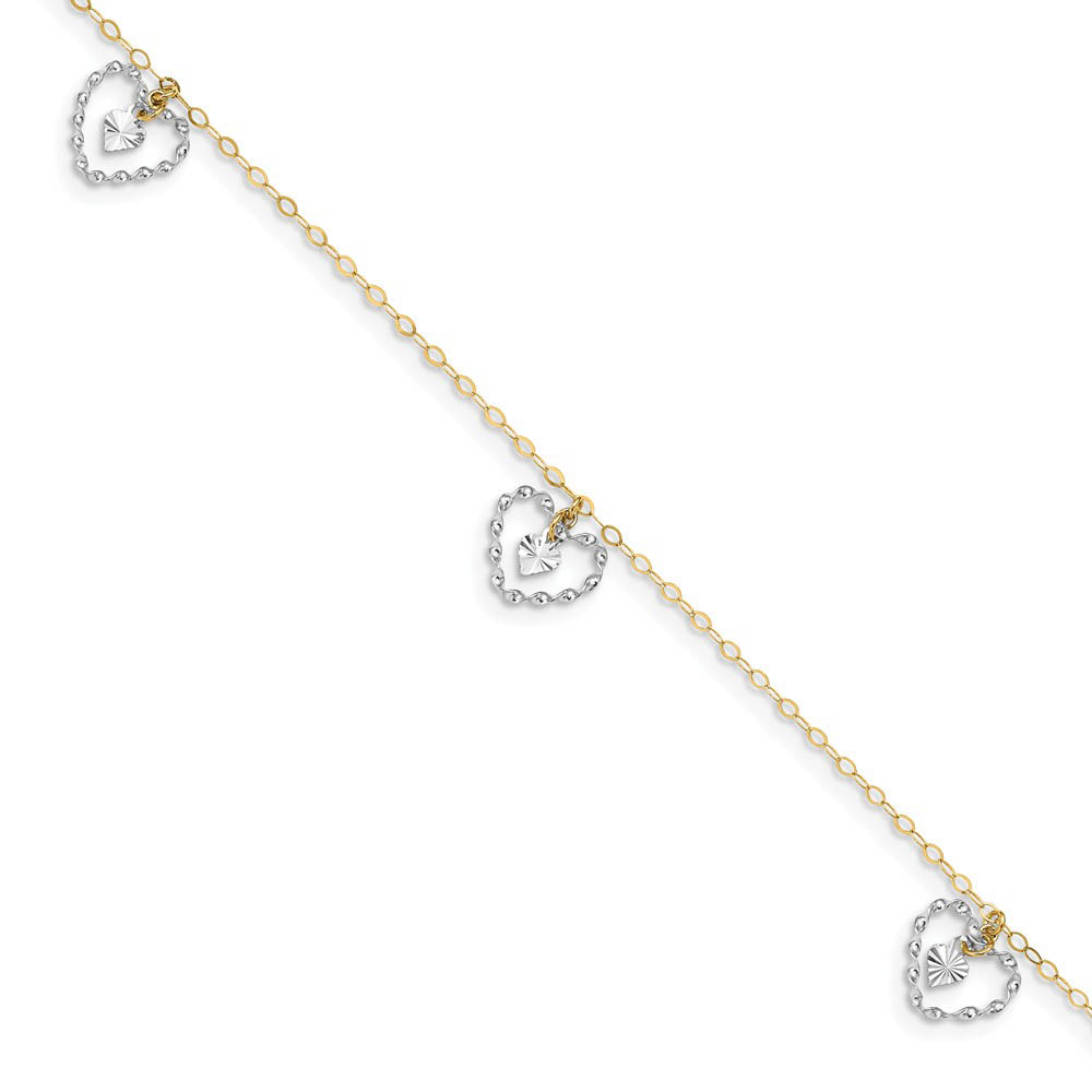 14k Two-Tone Gold Dangling Double Heart Adjustable Anklet, 9 Inch