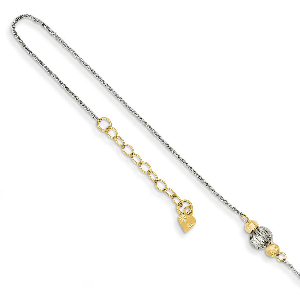 14k Two-Tone Gold Ropa with Diamond-cut Beads Anklet, Inch