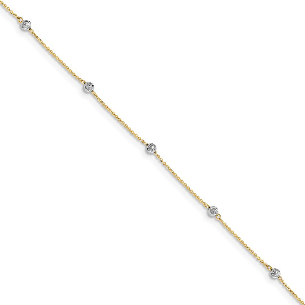 14k Two-Tone Gold Diamond-Cut Beaded Adjustable Anklet, 9-10 Inch