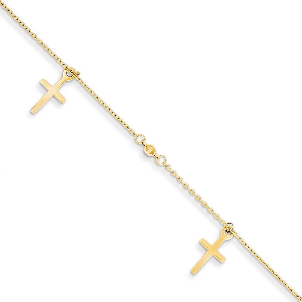 14k Yellow Gold Polished and Textured Latin Cross Anklet, 9-10 Inch