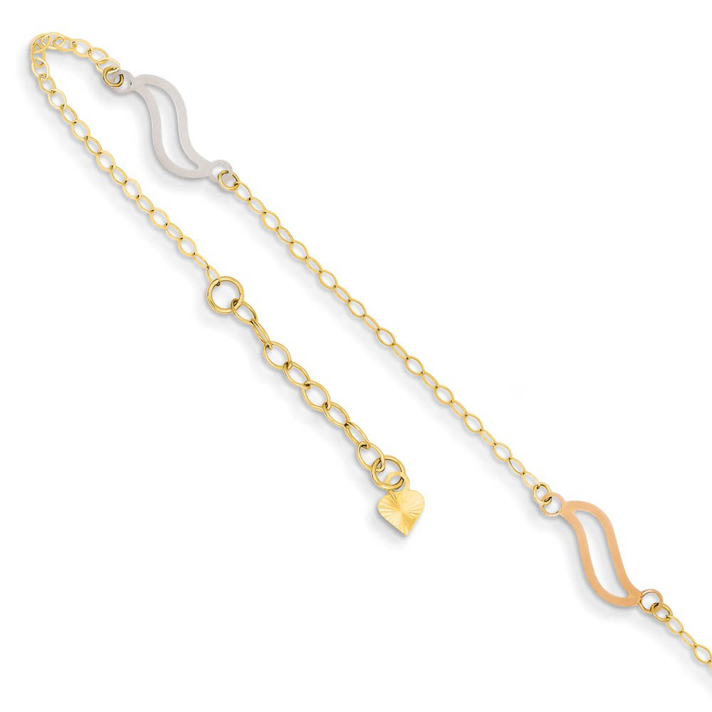 14k Tri-Color Gold Oval and Open Links Adjustable Anklet, 10 Inch