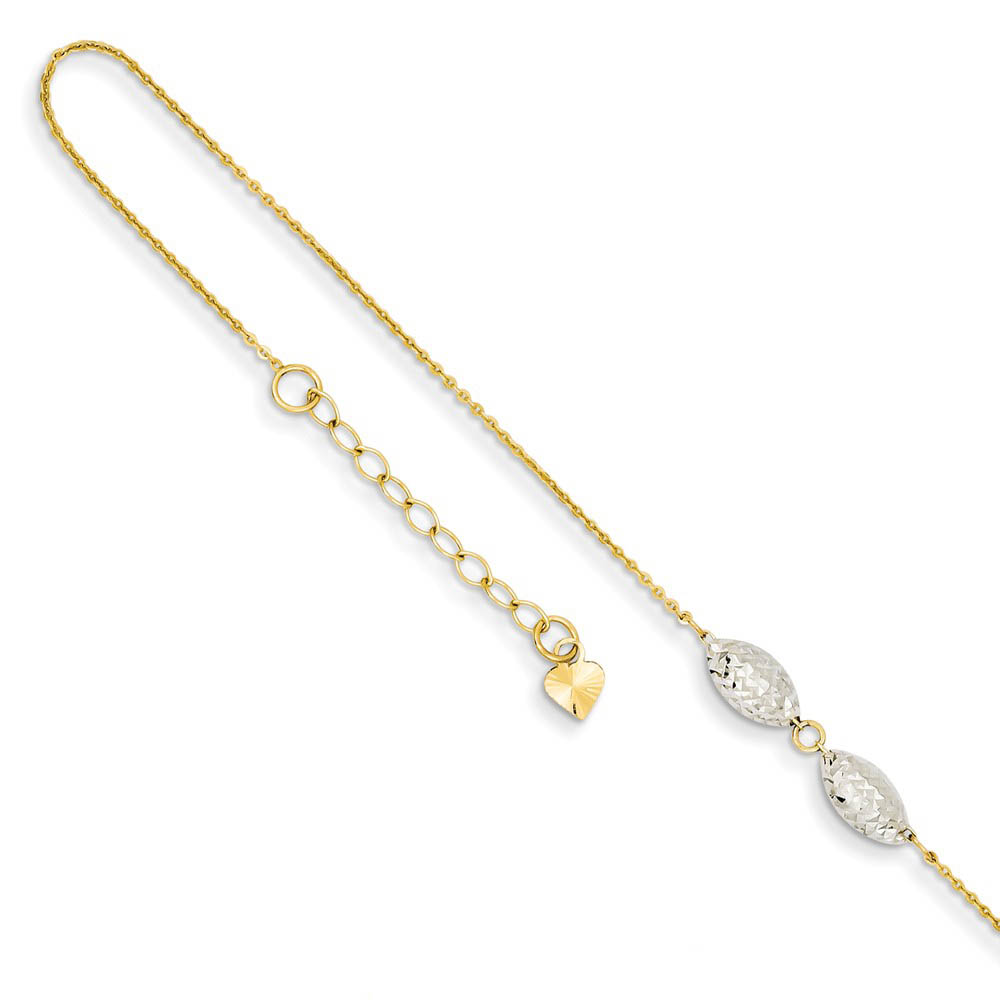 14k Two-Tone Gold Diamond-Cut Puffed Rice Beads Anklet, Inch