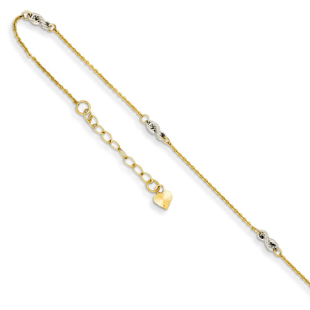 14k Two-Tone Gold Cable and Rope Chain Adjustable Anklet, 9 Inch