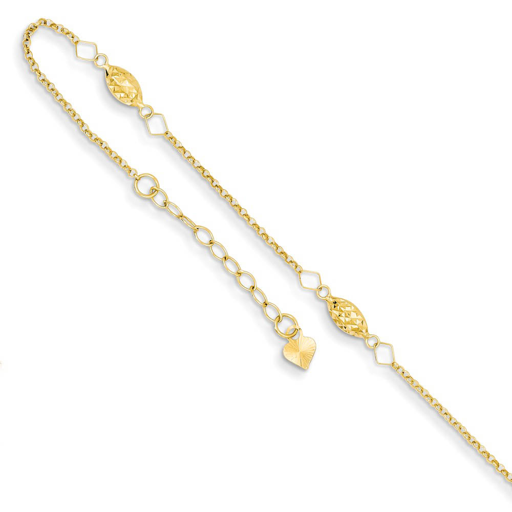 14k Yellow Gold Diamond-Cut Puffed Rice Beads Anklet, Inch