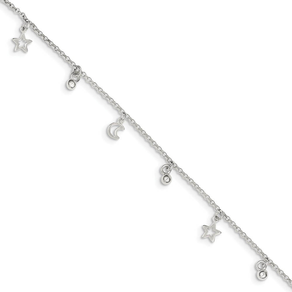 Sterling Silver 1.5mm Rolo Chain Moon, Star And Bead Anklet, Inch