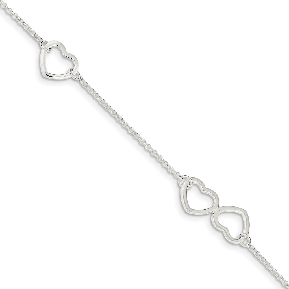 Sterling Silver 1.5mm Cable And Open Hearts Adjustable Anklet, 9 Inch