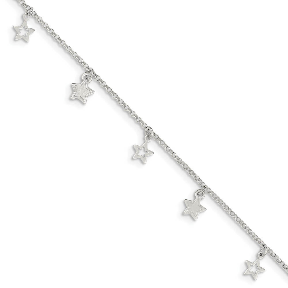 Sterling Silver 1.5mm Cable and Dangling Stars Anklet, Inch