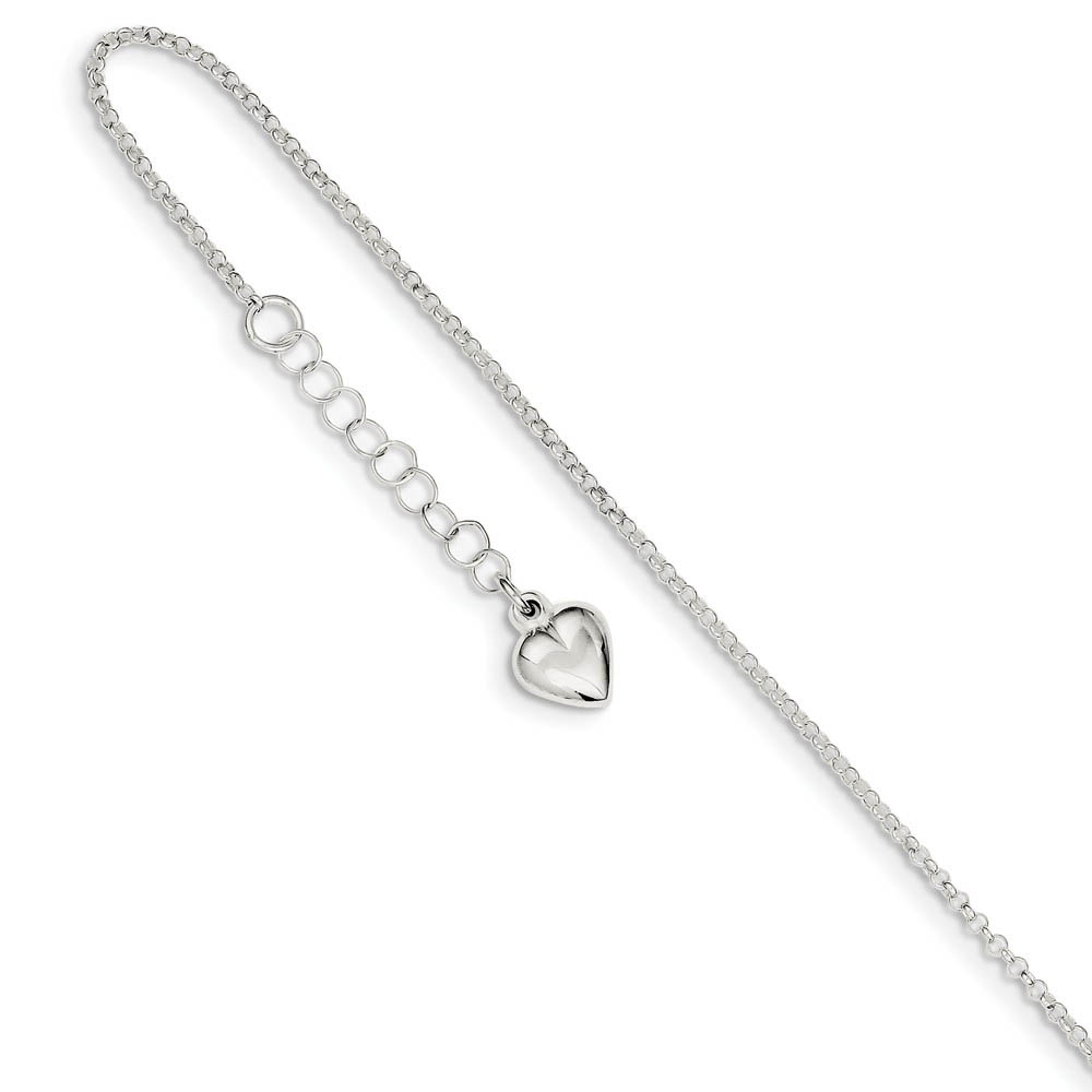 Sterling Silver 1.5mm Cable Chain And Puffed Heart Anklet, Inch