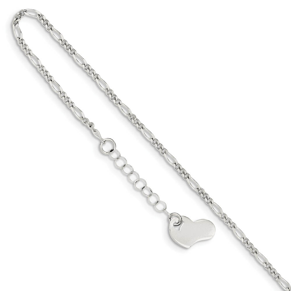 Sterling Silver Figaro Anklet with Dangling Asymmetrical Heart, 9 Inch